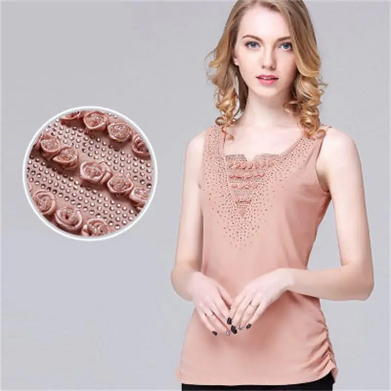 2018 new summer fashion Beaded sleeveless T-shirt casual knit vest all-match solid backing female head of tide | Женская одежда
