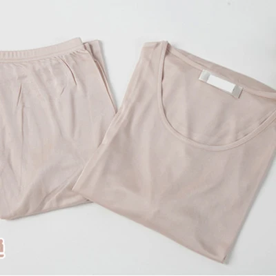 Beige Женская здоровая одежда для сна из натурального шелка, осенняя одежда, теплый топ+ длинные штаны, комплект нижнего белья, рубашка с длинными рукавами, леггинсы - Цвет: Beige