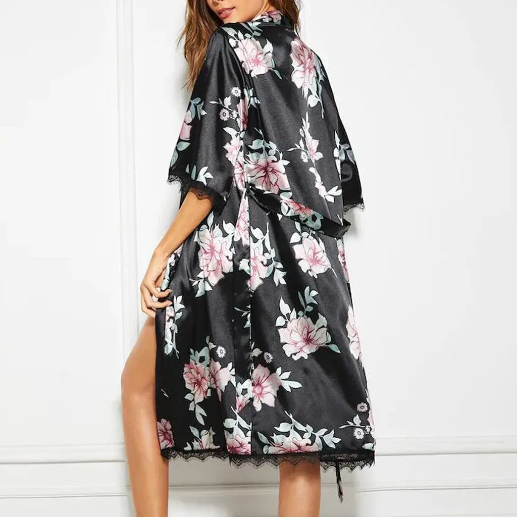 Женское Белье для сна шелковое атласное кружевное ночное белье с принтом банный