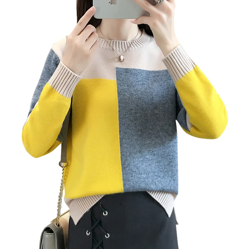 Contrast Color Winter Sweater Women Long Sleeve Jumper and Pullover Knitted Female Pull Femme | Женская одежда
