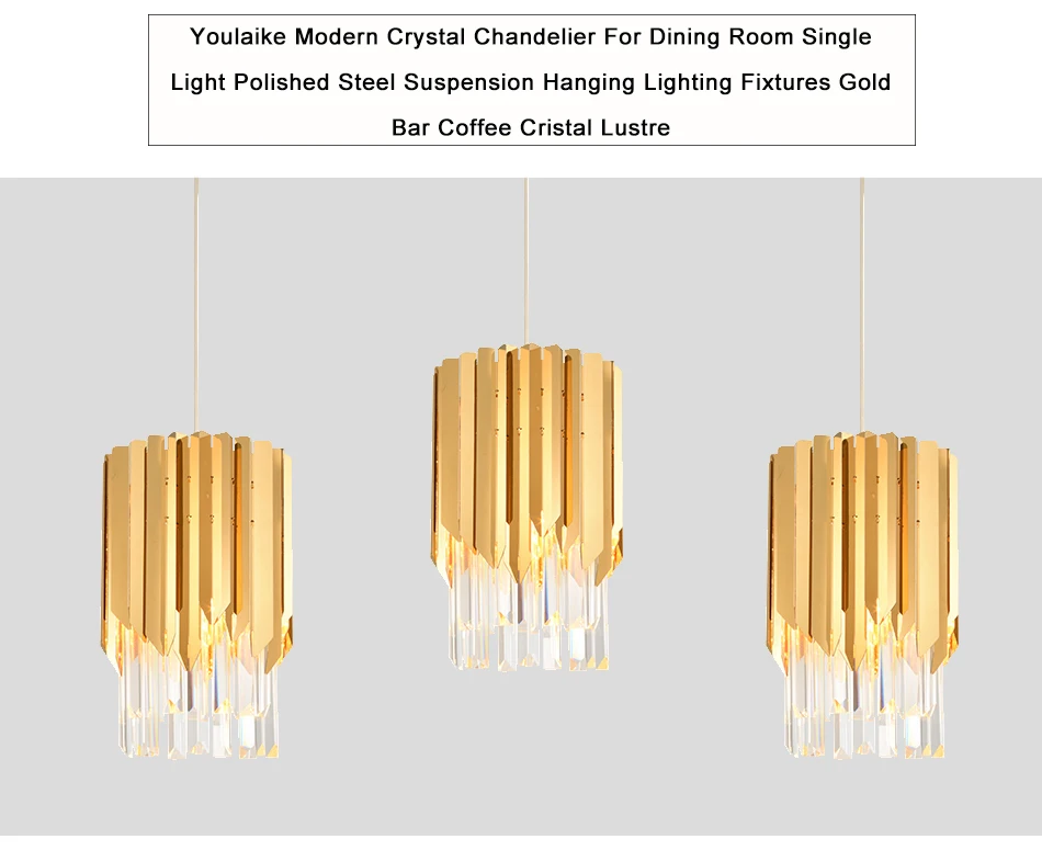 Youlaike Modern Crystal Chandelier For Dining Room Single Light Polished Steel Suspension Lighting Fixtures LED Cristal Lustre