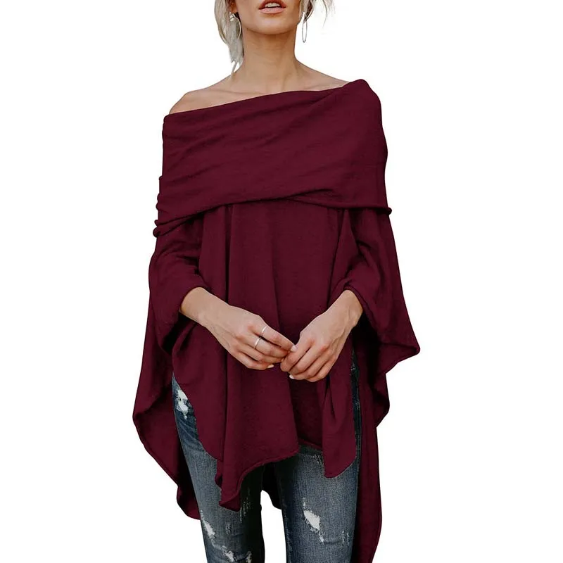 

Women High Low Top Off Shoulder Top Handkerchief Poncho Long Sleeve Tunic Solid Blouse Asymmetrical Irregular Hem Shirt