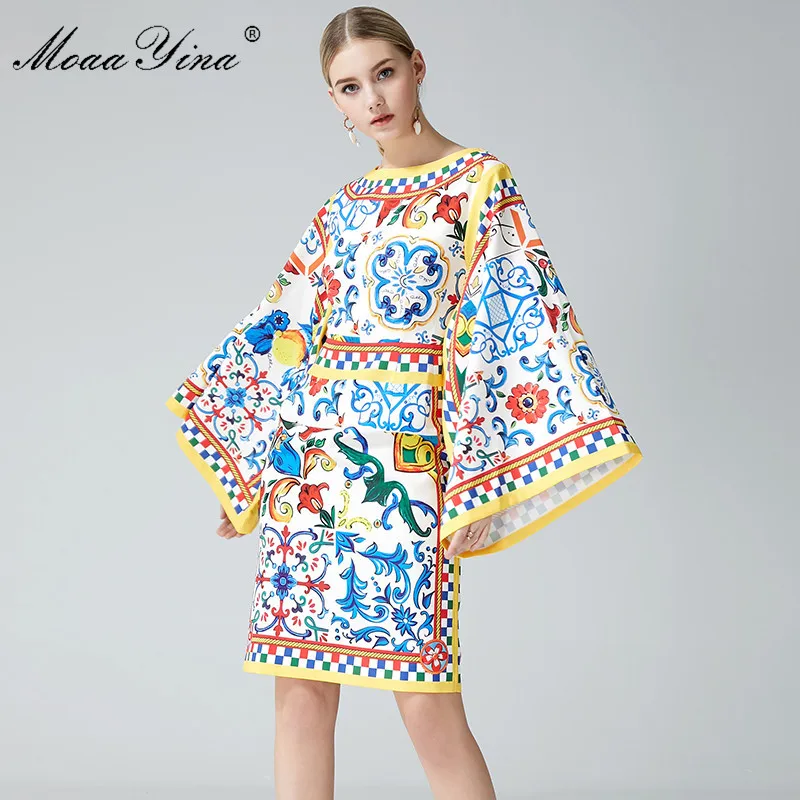 MoaaYina High Quality 2018 Fashion Summer Women Dress Round Collar Batwing Sleeve Package hip Plaid Floral Print Vintage | Женская