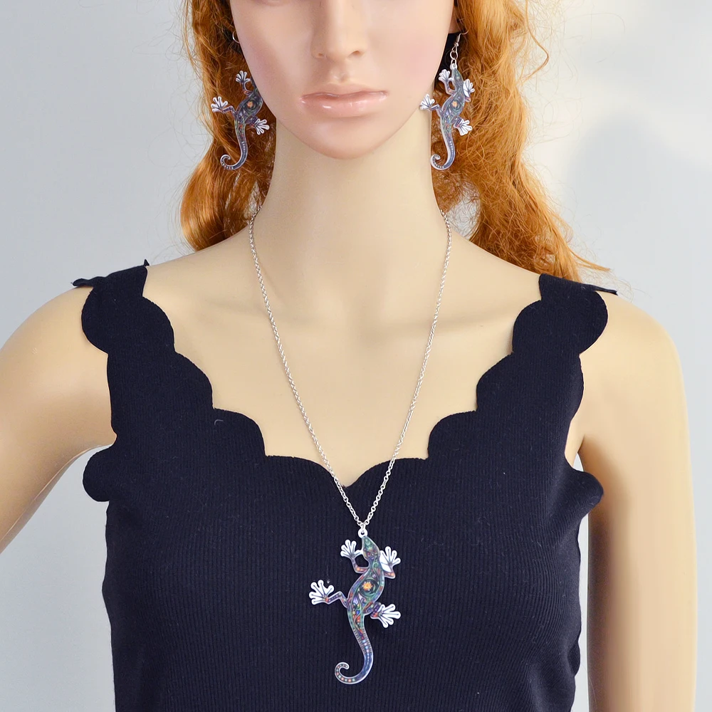 Steampunk Accessories Silver Color Chain with Green Gecko Shape Pendant Necklace and Drop Earrings For Women Jewelry Set | Украшения и