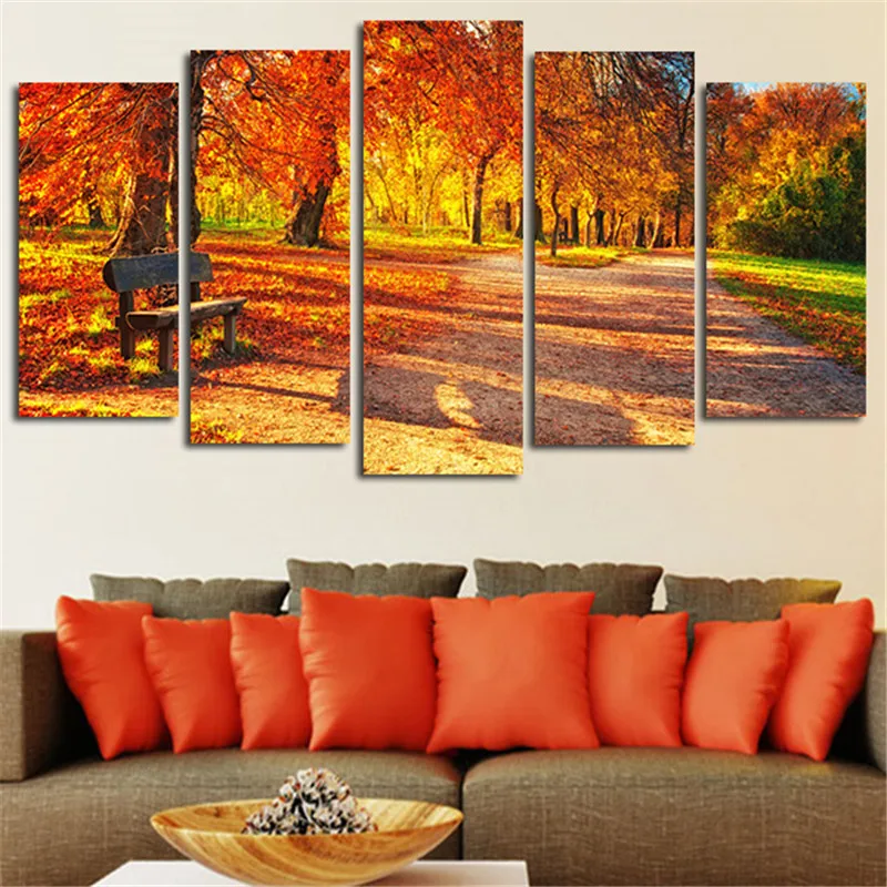 

2017 New Arrived 5Panel Wall Art Pictures Hanging Autumn Leaves Landscape Canvas Paintings For Living Room