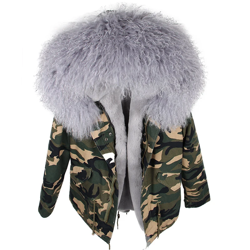 camo grey Зимняя женская куртка, парка, пальто из натурального меха, парки из натурального меха монгольской овцы, Толстая теплая Роскошная съемная верхняя одежда, уличная одежда - Цвет: camo grey