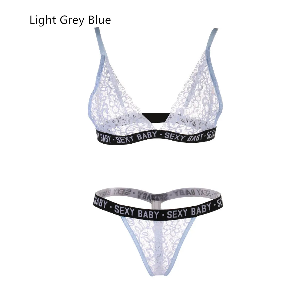 light Grey blue Модный комплект нижнего белья с буквенным принтом, женский сексуальный кружевной бюстгальтер с низкой талией, женские трусики размера плюс, комплект нижнего белья - Цвет: light Grey blue