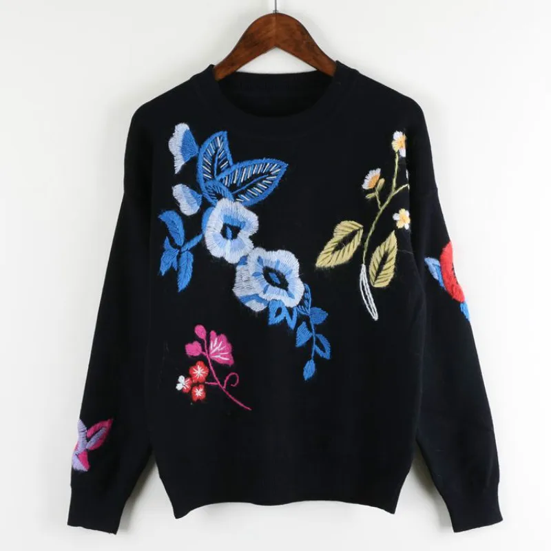 2019 Winter Women Sweaters Pullovers Floral Emboridery Colorful Pattern O-neck Knitted Elegant Casual Warm Knitwear | Женская одежда