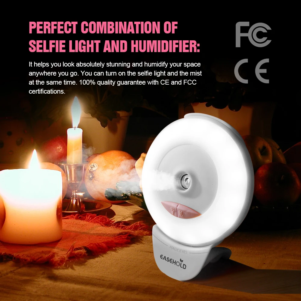 EASEHOLD мини удобный 2-в-1 Selfie Ring Light Ультразвуковой увлажнитель воздуха диффузор