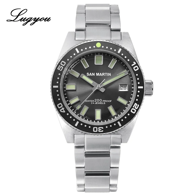 Gun color Lugyou San Martin 62Mas мужские часы для ныряльщиков автоматические механические часы из нержавеющей стали с сапфировым вращающимся ободком 20 атм металлический браслет SLN - Цвет: Gun color
