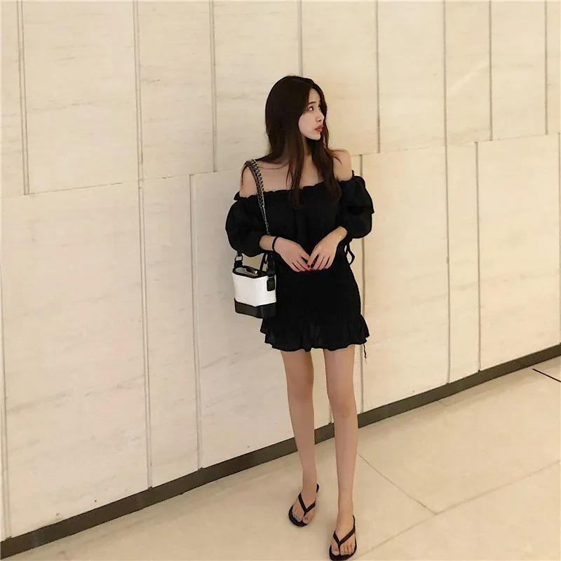 Летнее женское платье в Корейском стиле с вырезом лодочкой открытыми плечами 2019