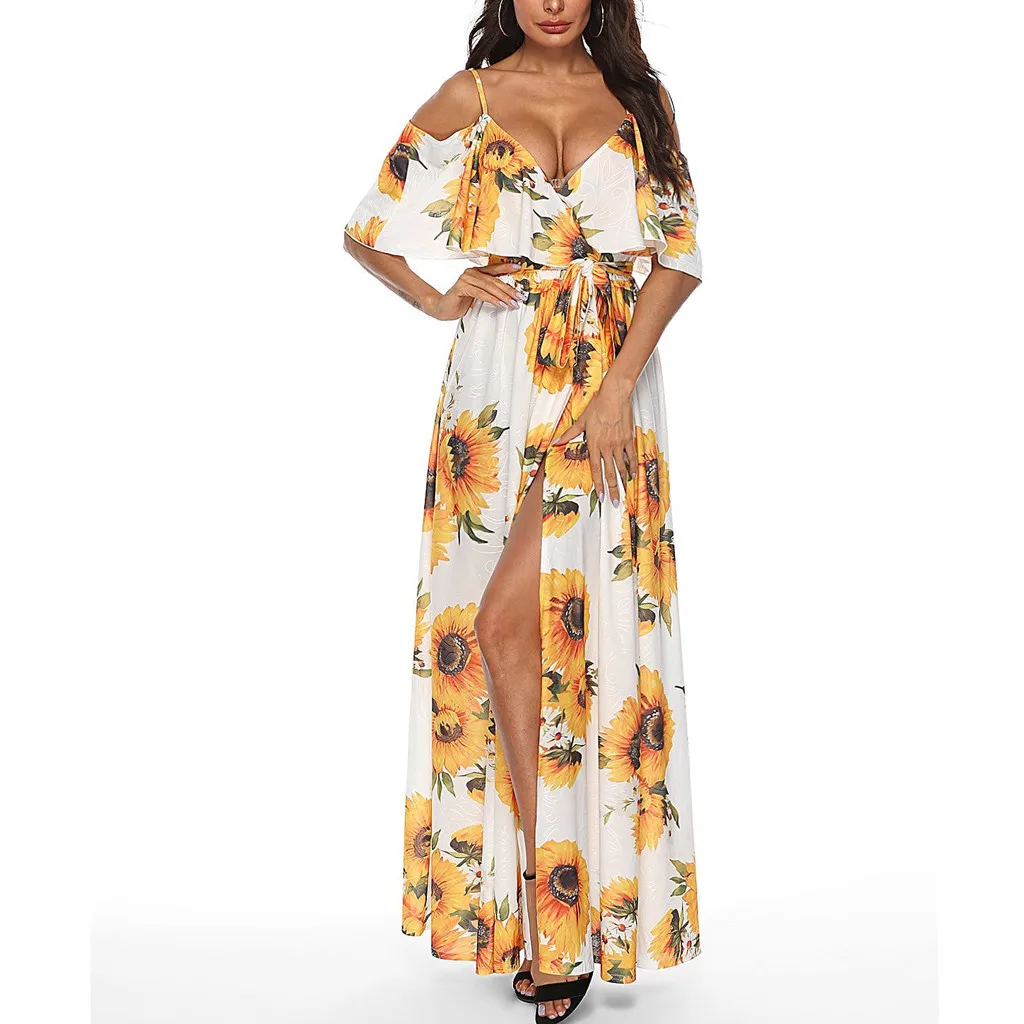 Женское платье с принтом подсолнуха сексуальное вечернее коротким рукавом и