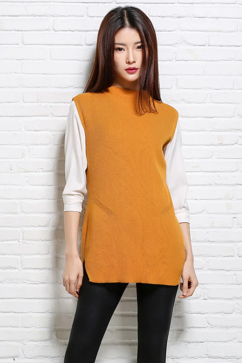 Модные женские средней длины водолазка без рукавов Элегантный Bodycon вязаный