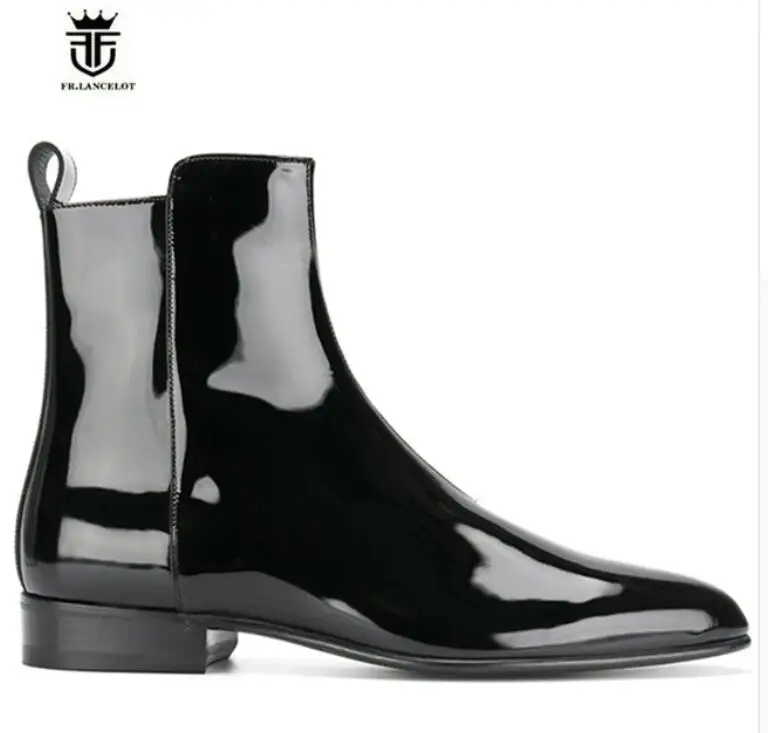 FR.LANCELOT 2020 men patent leather boots brand desigh men fashion boots zip up mujer bota pointed toe chelsea booties