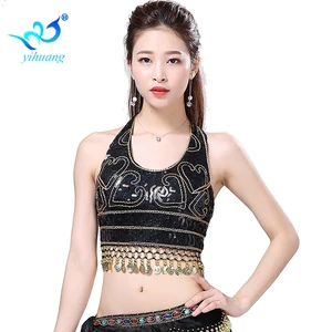 Костюм для танца живота с блестками, бюстгальтер, блузка с блестками для вечерние на Хэллоуин, одежда для выступлений, топы для вечеринки, кружевные монеты