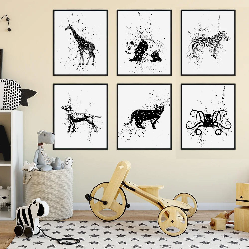 

Black White Animal Zebra Panda Giraffe Dog Nordic Posters and Prints Wall Art Canvas Painting Wall Pictures Baby Kids Room Decor