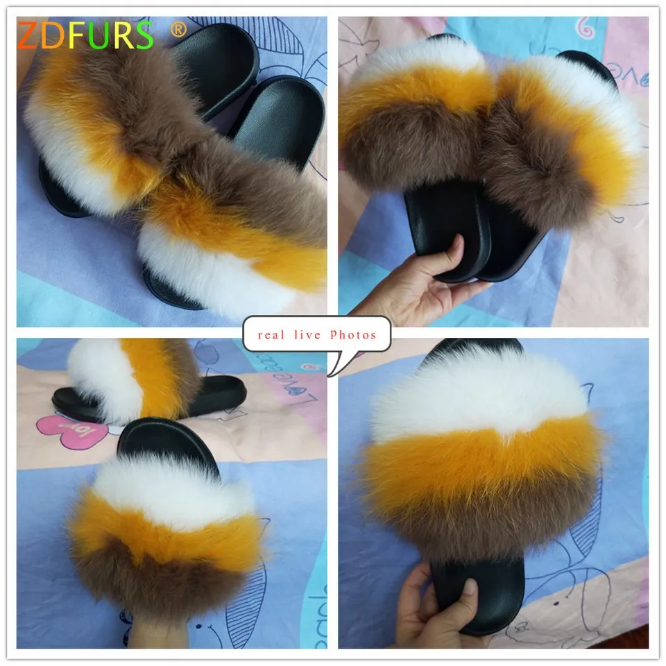 ZDFURS/; Лидер продаж; женские шлепанцы с лисьим мехом; Разноцветные Летние модные шлепанцы; женские меховые домашние Вьетнамки; пляжные сандалии
