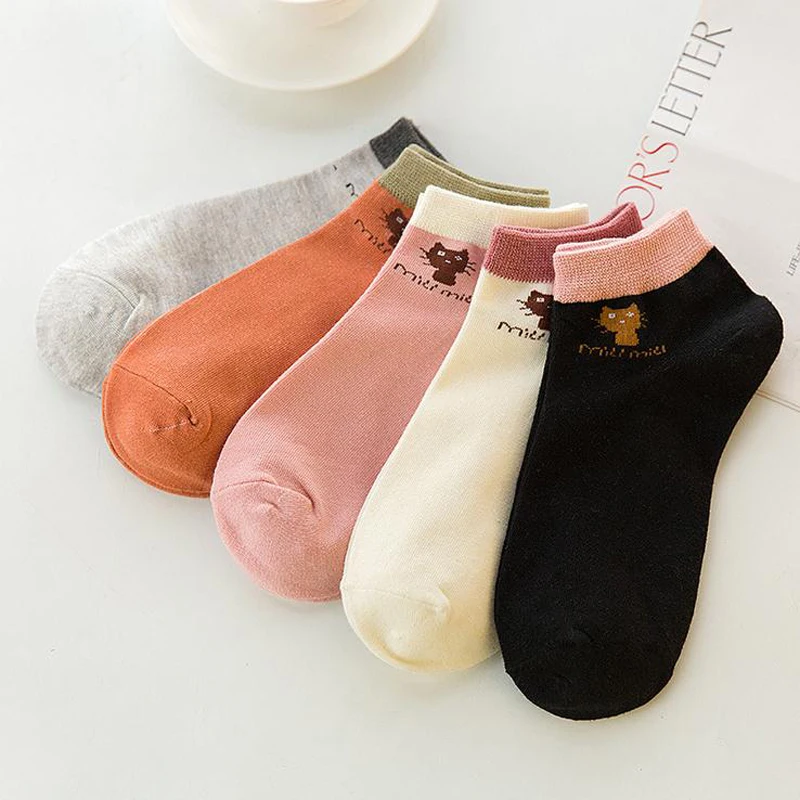 Женские хлопковые короткие носки однотонные с котом весна лето 2017|women short socks|socks