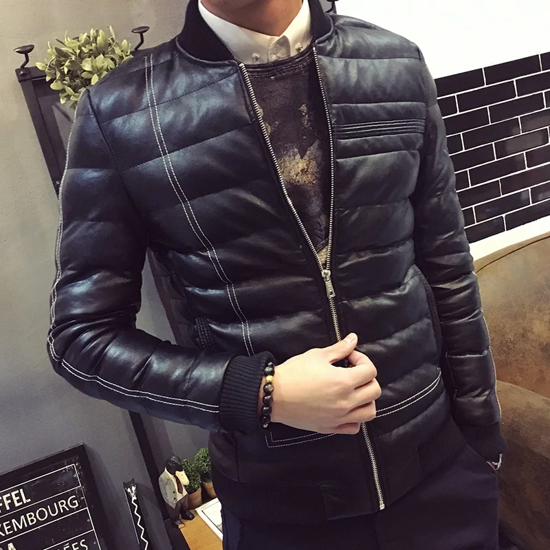 

Fashion striped winter cotton padded pu leather jacket men slim fit thickening mens jacket men's clothing plus size m-4xl MF16