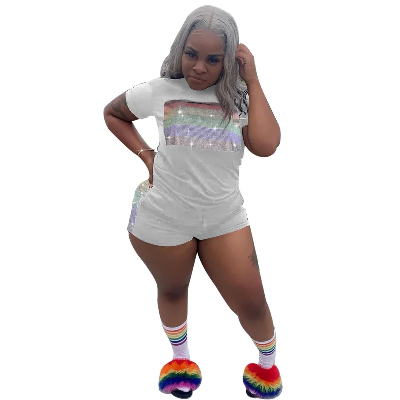 Rainbow Rhinestone Two Piece Summer Clothes for Women Short Sleeve T Shirt+ Bodycon Biker Shorts Plus Size Causal Matching Sets