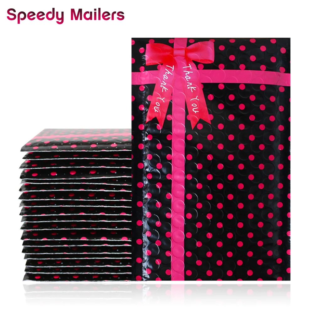 

10PCS 4x8'' 120x180mm Small Black Polka Dots Poly Thank You Bubble Mailers,Self Sealing Padded Mailing Envelopes Bowknot Design