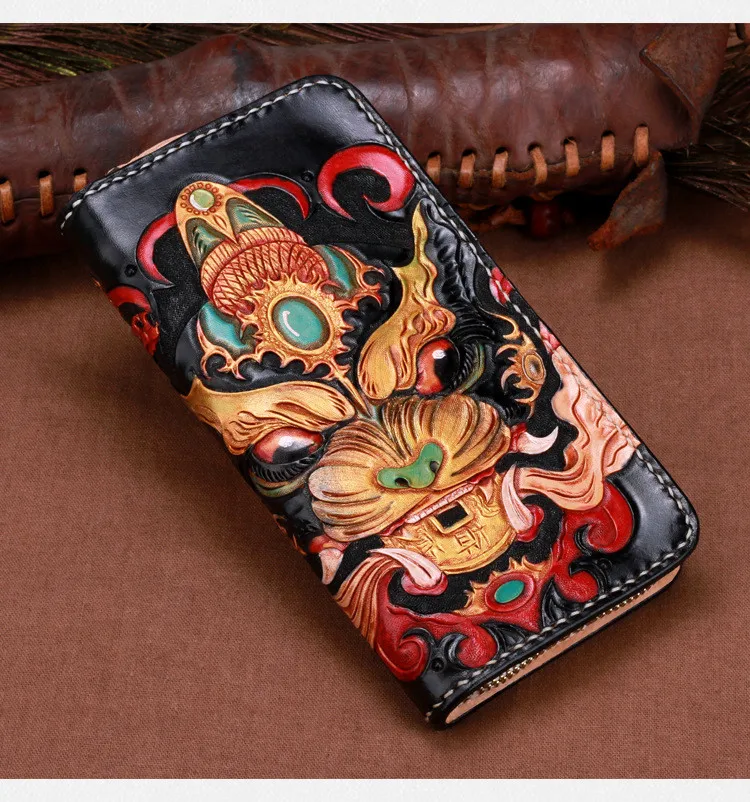 Кошельки ручной работы, сумки на застежке с рисунком льва, кошельки для женщин и мужчин, длинный клатч, кожаный бумажник с растительным дублением, подарок на день отцов