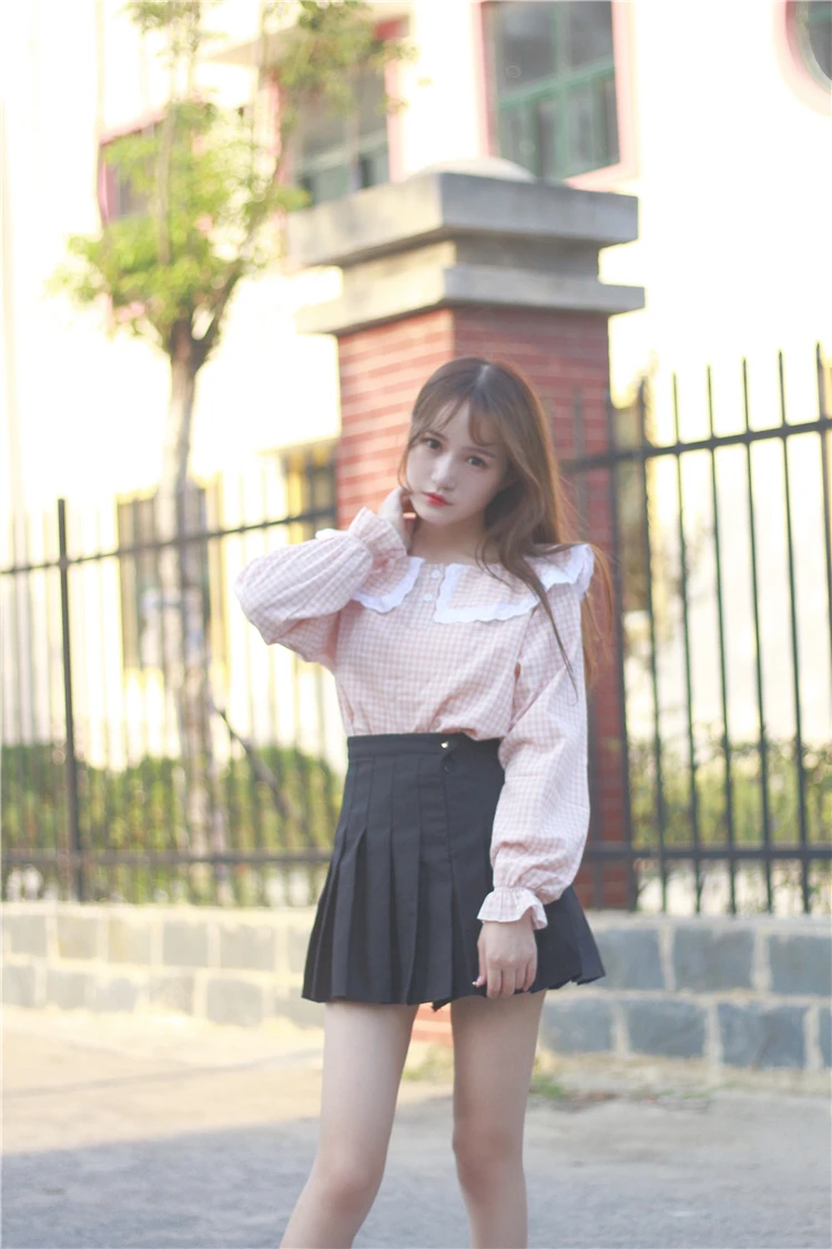 2017 Новый Прибыл Женщины Хлопок Питер Пэн Воротник Клетчатой Рубашке