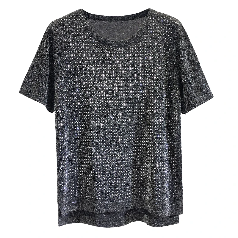 

Hot Drilling Ice Silk Tshirts for Women Solid Color Loose O Neck Bright Silk Short Sleeve T-shirts All-match Female Basic Top