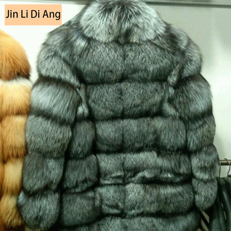 Jin Li Di Ang Women Natural Real Red Fox Silver Fur Coats with Collar Jacket Winter Warm Full Pelt Leather Vest | Женская одежда