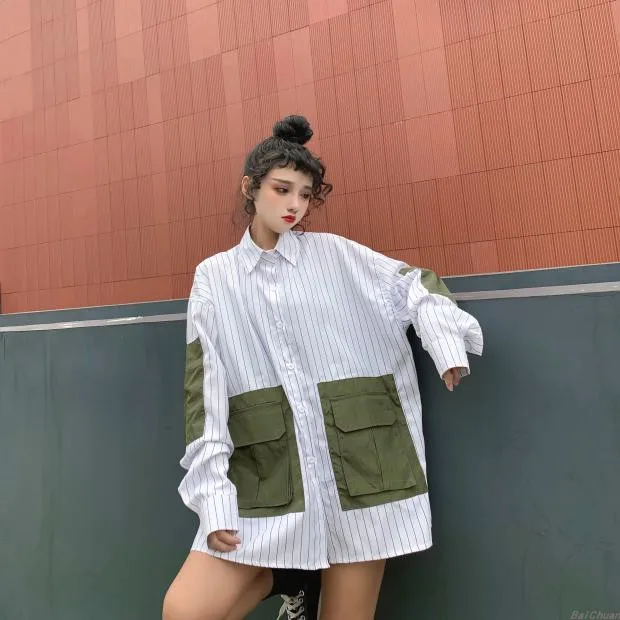 Harajuku BF стиль для женщин негабаритных в Вертикальную Полоску рубашка большой