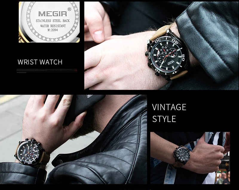 Relogio Masculino часы megir для мужские с большим циферблатом модные хронограф, мужские часы Роскошные брендовые кожаные Наручные часы мужские s