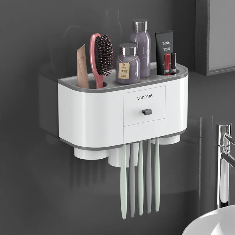 A-Three cups Gray BAISPO держатель для зубных щеток Автоматический Диспенсер для зубной пасты соковыжималка для ванной комнаты Стеллаж для хранения настенное крепление аксессуары для ванной комнаты наборы - Color: A-Three cups Gray