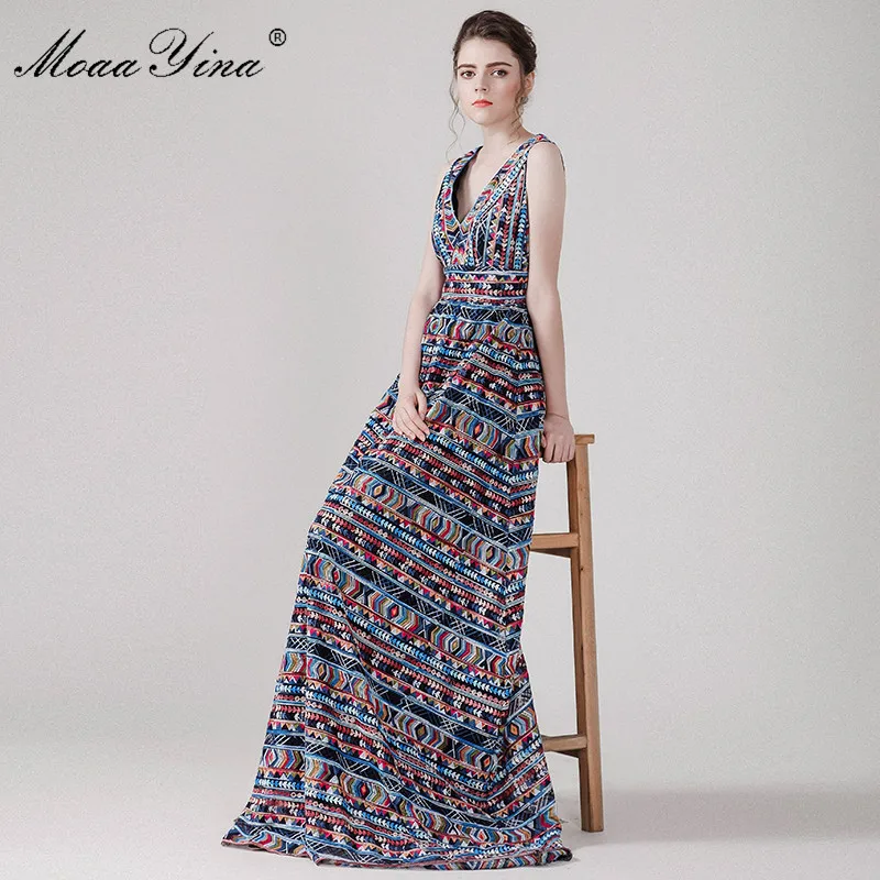 Женское платье без рукавов с V образным вырезом и вышивкой|high quality dress|elegant dressdress |