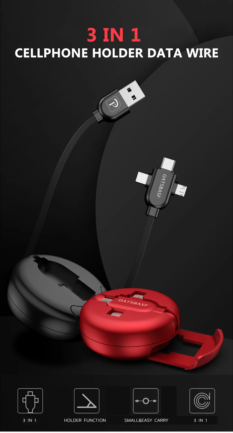 Черный usb-кабель для зарядки mini 3 в 1 usb кабель 1 м Универсальный зарядный кабель для iphone xiaomi huawei samsung