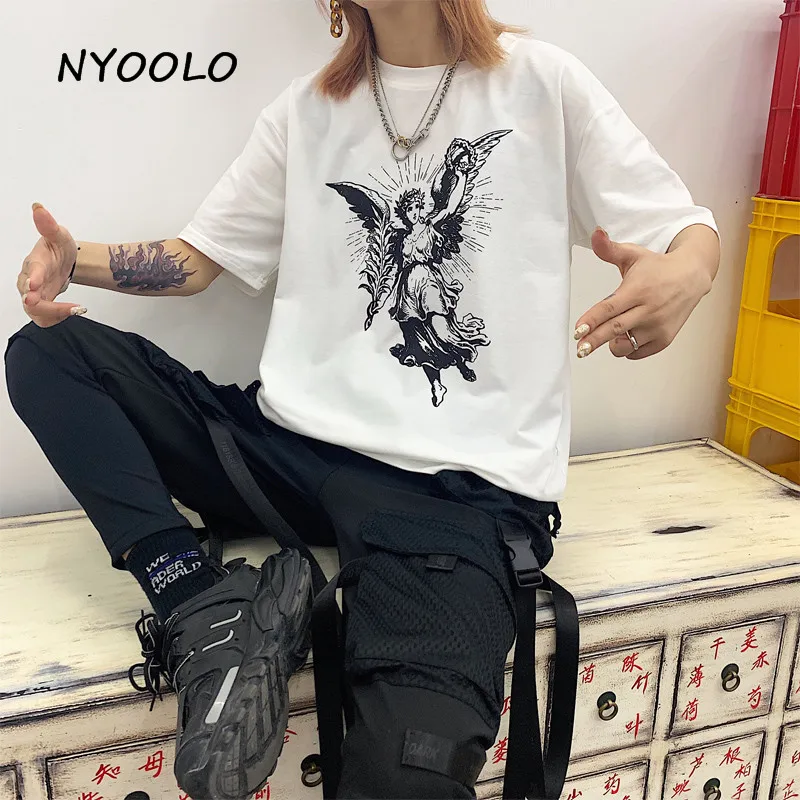 NYOOLO Novelty style angle wing print tees Summer streetwear short sleeve O-neck cotton t-shirts women clothing classic tops | Женская