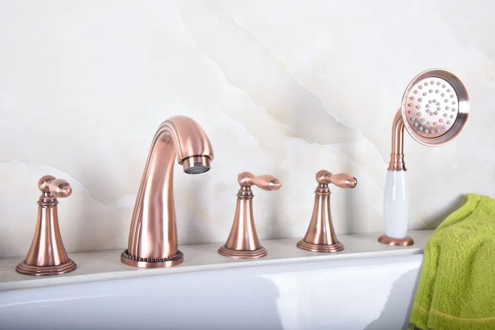 

Antique Red Copper Brass Widespread 5 Hole Bathroom Roman Tub Bath Faucet with Telephone Style Hand Held Shower Head atf197