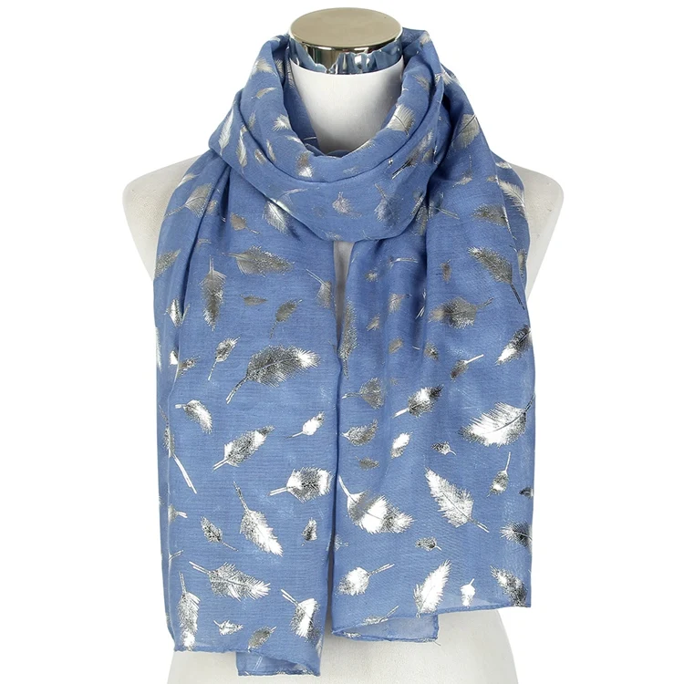 Blue Новые брендовые Модные женские блестящие белые желтые фиолетовые бронзовые Фольга серебряные перьевые шарфы для женщин - Цвет: Blue