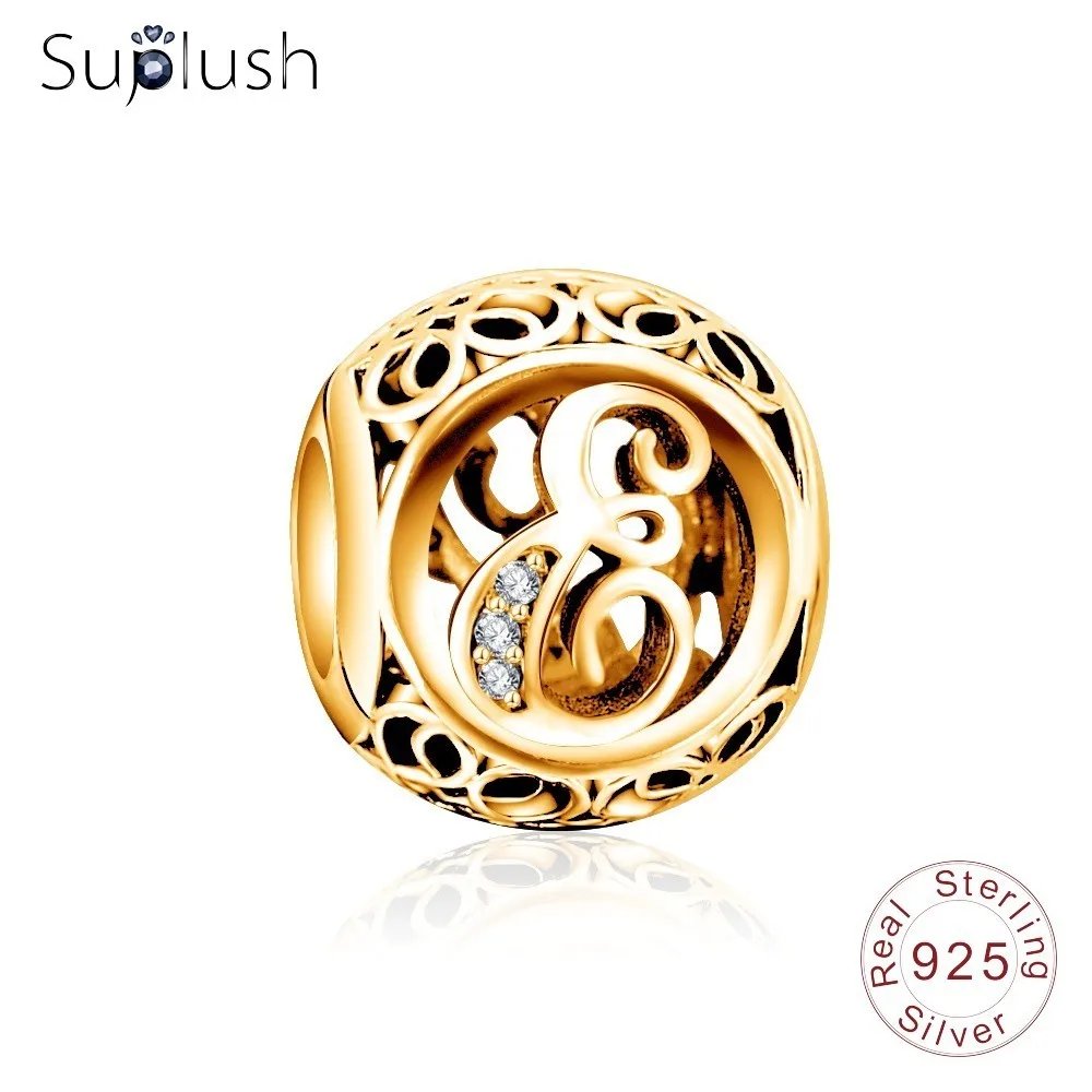 Suplush 925 пробы серебряные амулеты Алфавит A-Z золотые буквы амулет Бусины Подходят бренд амулет подарочные браслеты и ювелирные изделия