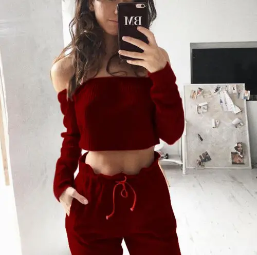 

Women Crop Top Blouse Pants Two-piece Playsuit Bodysuit Jumpsuit Romper Set Ladies Womens Off Shoulder Jumpsuits