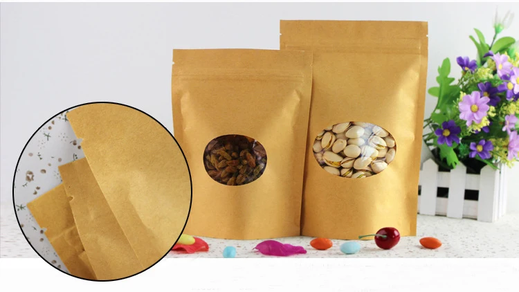 

13*18+4cm 50pcs Stand Up Clear Window Brown kraft paper bags with Zipper lock for Food/Tea/Nut/Coffee Resealable Packaging Bag
