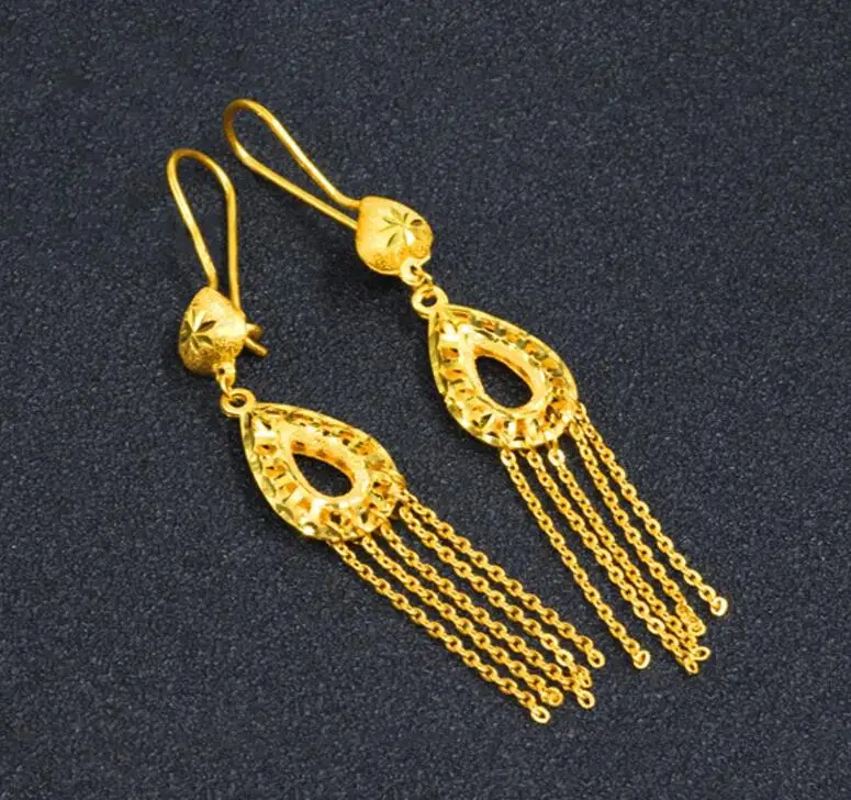 

Pure 999 24K Yellow Gold Earring /Women Tassel Water Drops Dangle Earring/5.8g