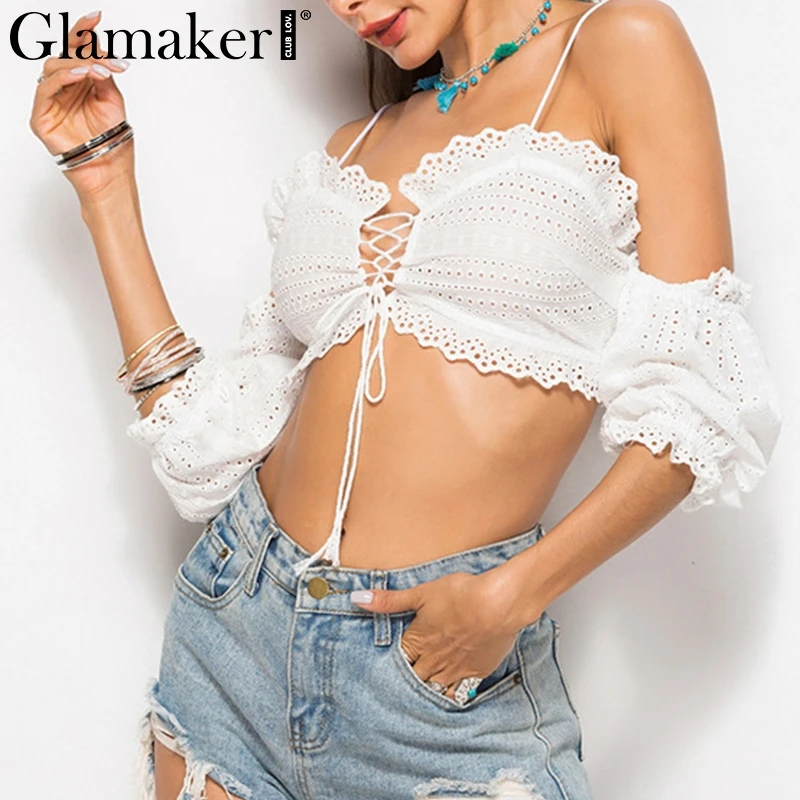 Женский короткий топ Glamaker белый с открытыми плечами на лето со шнуровкой