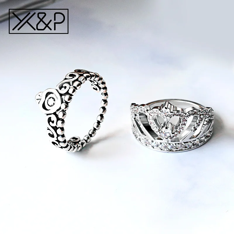 Женское Винтажное кольцо с кристаллами X & P серебряное короной и фианитом для