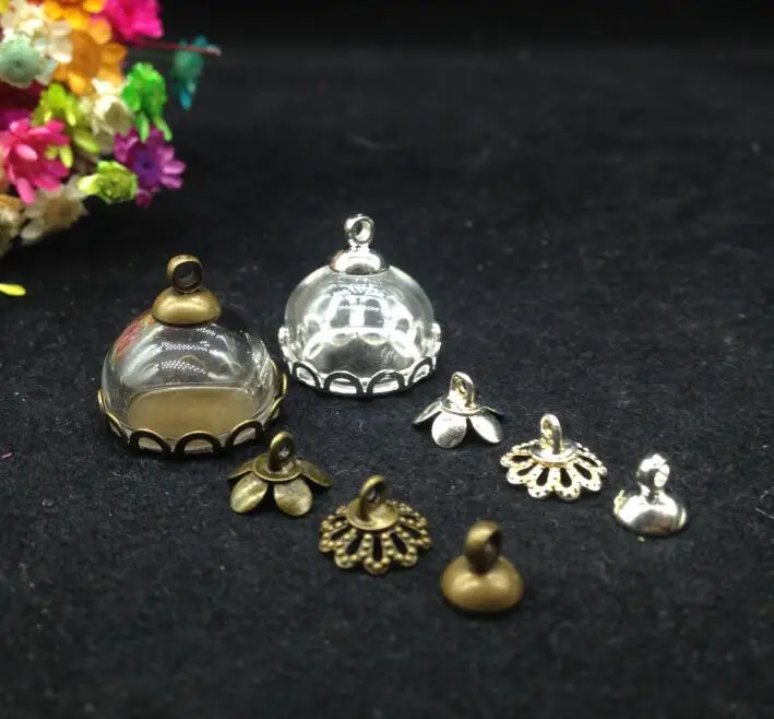 

20sets/lot15mm bronze/silver plated 15mm half glass globe & lace tray cap set glass cover vial DIY pendants glass bubble jewelry
