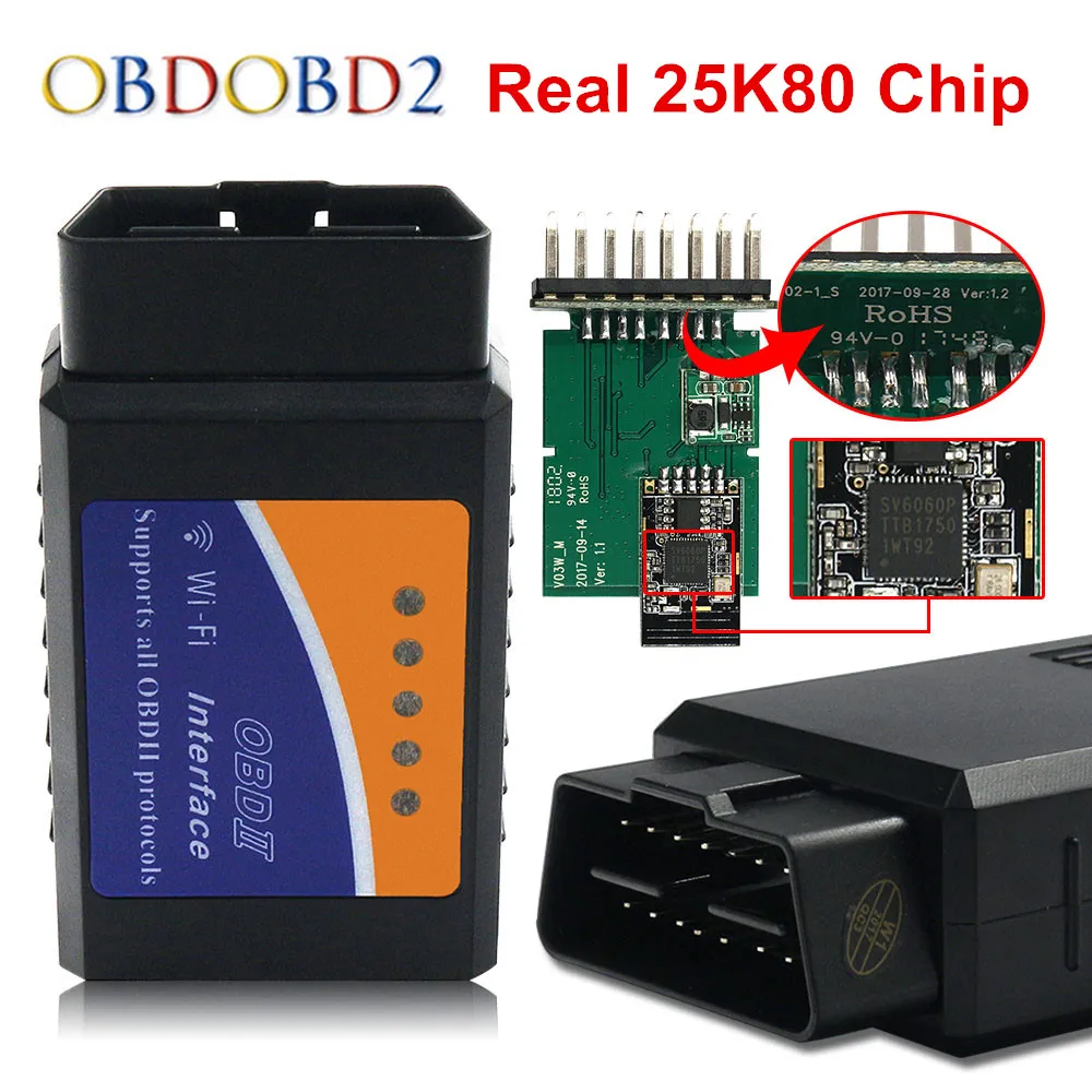 Настоящий 25K80 ELM327 МГц wifi/Bluetooth/USB V1.5 ELM 327 для Android Torque/PC Поддержка всех протоколов OBDII 12 языков