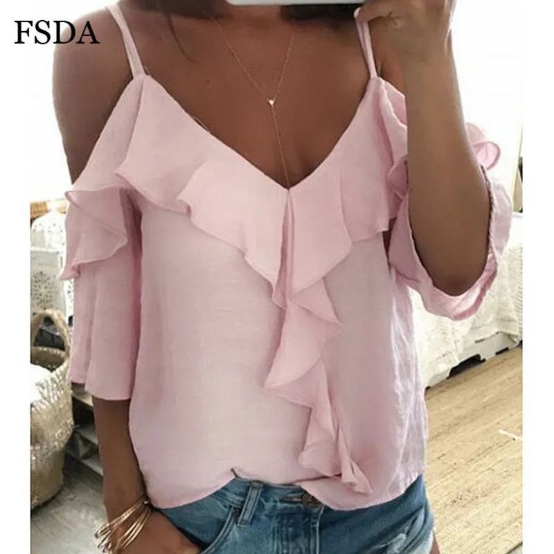 Женский топ с рюшами FSDA розовый/черный на бретельках треугольным вырезом и