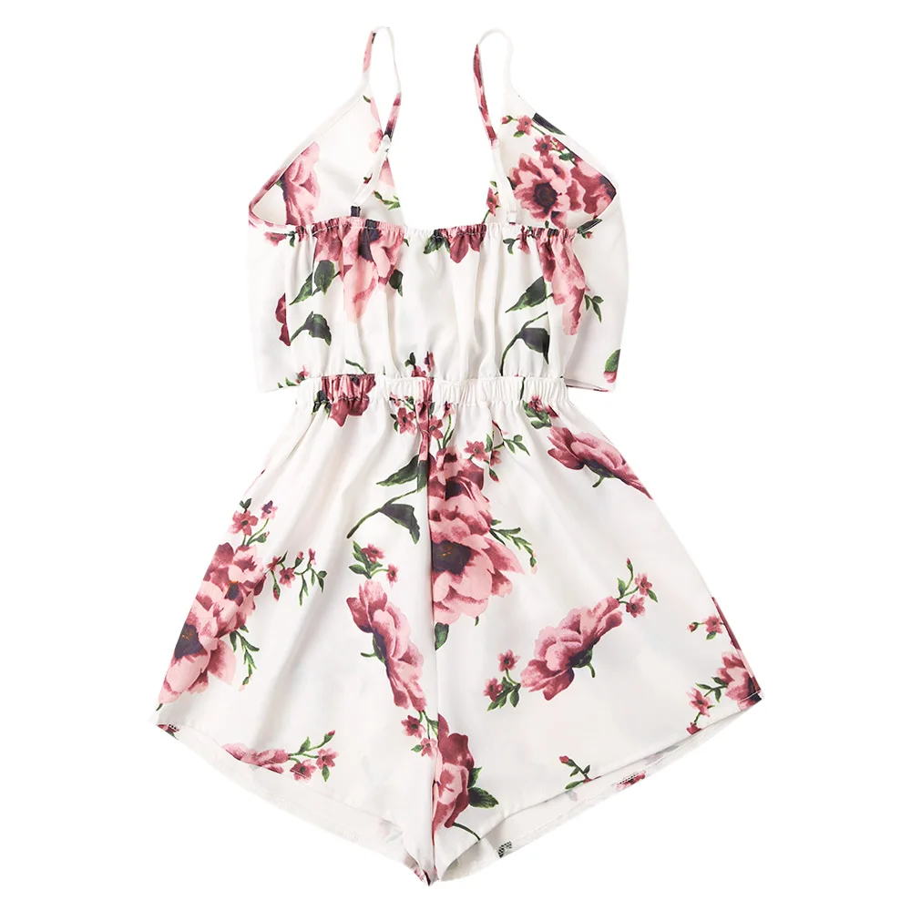 Комбинезон Лето 2018 с цветочным принтом на тонких бретелях, с вырезами, бантом и рюшами для женщин, ромпер, бохо-пляжный комбинезон, повседневные джинсы для девушек.