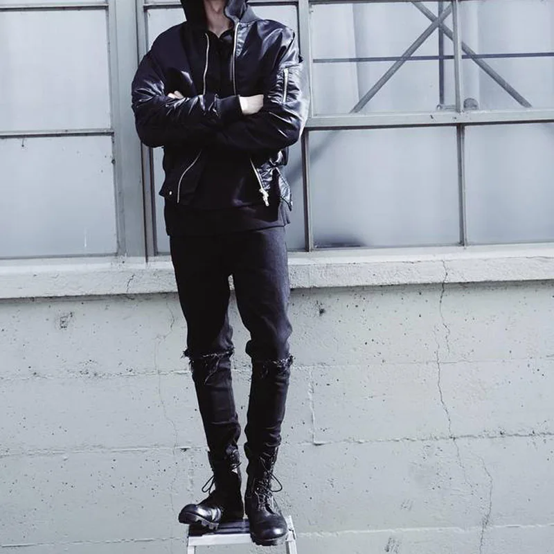 

Fashion 2020 spring autumn Casual Slim black cotton Knee Hole hip hop streetwear masculina denim pencil jeans homme