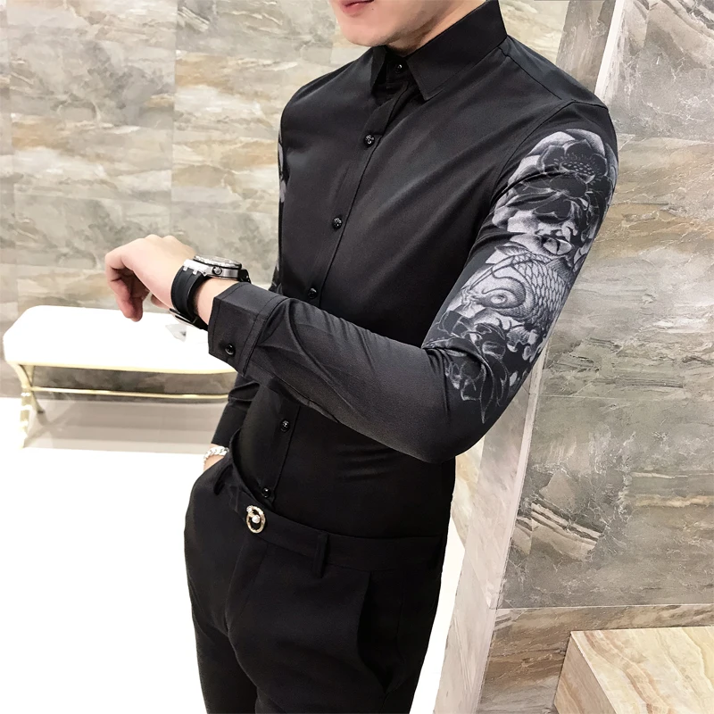 Новая мода Мужская рубашка платье Slim Fit с длинным рукавом цветочным принтом