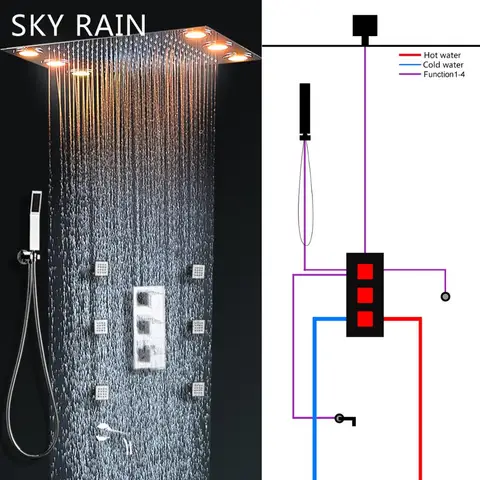 Квадратный латунный термостатический клапан SKY RAIN для ванной комнаты с 4 функциональными ручками, полированный смеситель для душа